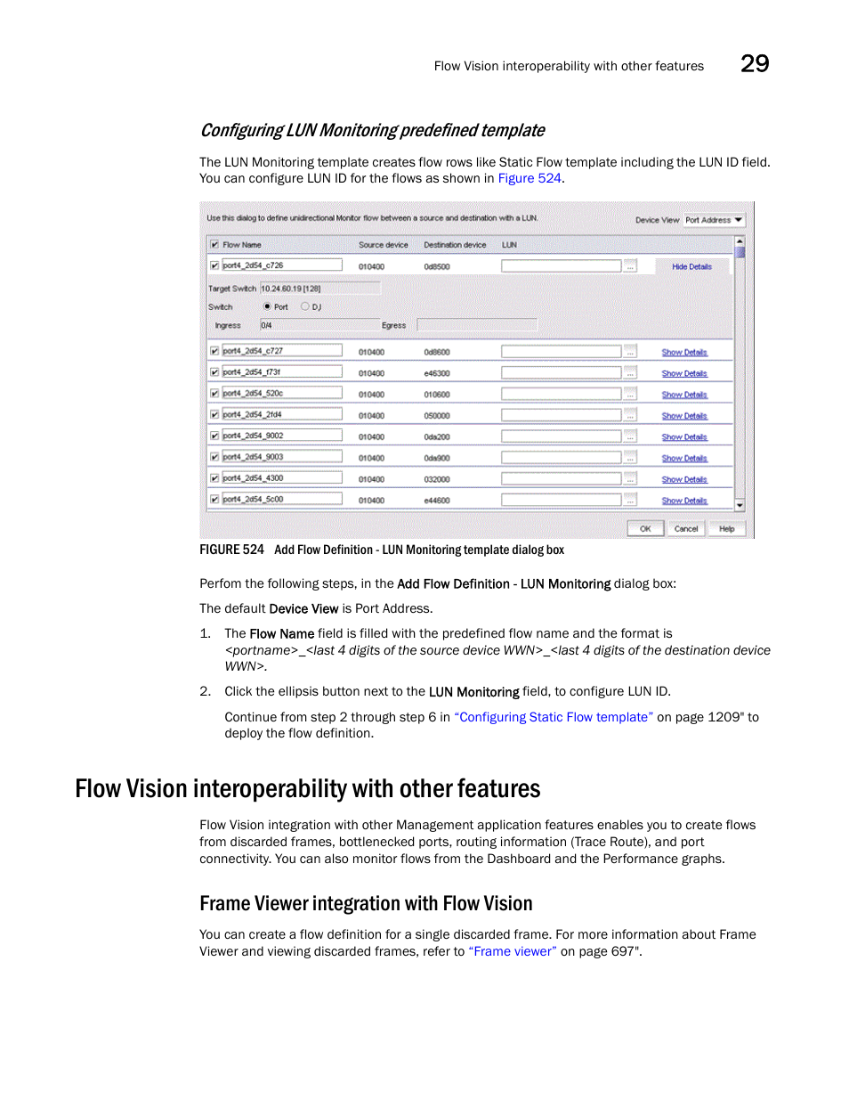 Flow vision interoperability with other features, Frame viewer integration with flow vision, Frame viewer integration with flow vision 3 | Flow vision interoperability with other features 3, Configuring lun monitoring predefined template | Brocade Network Advisor SAN User Manual v12.3.0 User Manual | Page 1265 / 1940