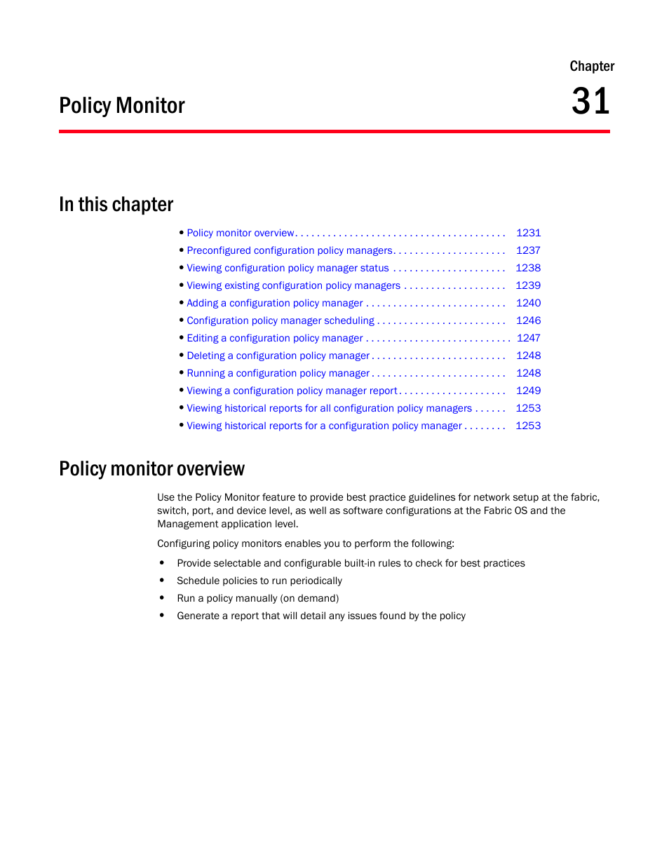 Policy monitor, Policy monitor overview, Chapter 31 | Chapter 31, “policy monitor | Brocade Network Advisor SAN User Manual v12.3.0 User Manual | Page 1283 / 1940