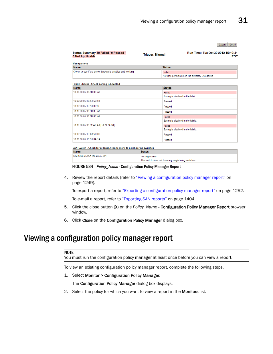 Viewing a configuration policy manager report, Viewing a configuration policy manager report 9, Viewing a configuration policy | Manager report, Figure 534 | Brocade Network Advisor SAN User Manual v12.3.0 User Manual | Page 1301 / 1940