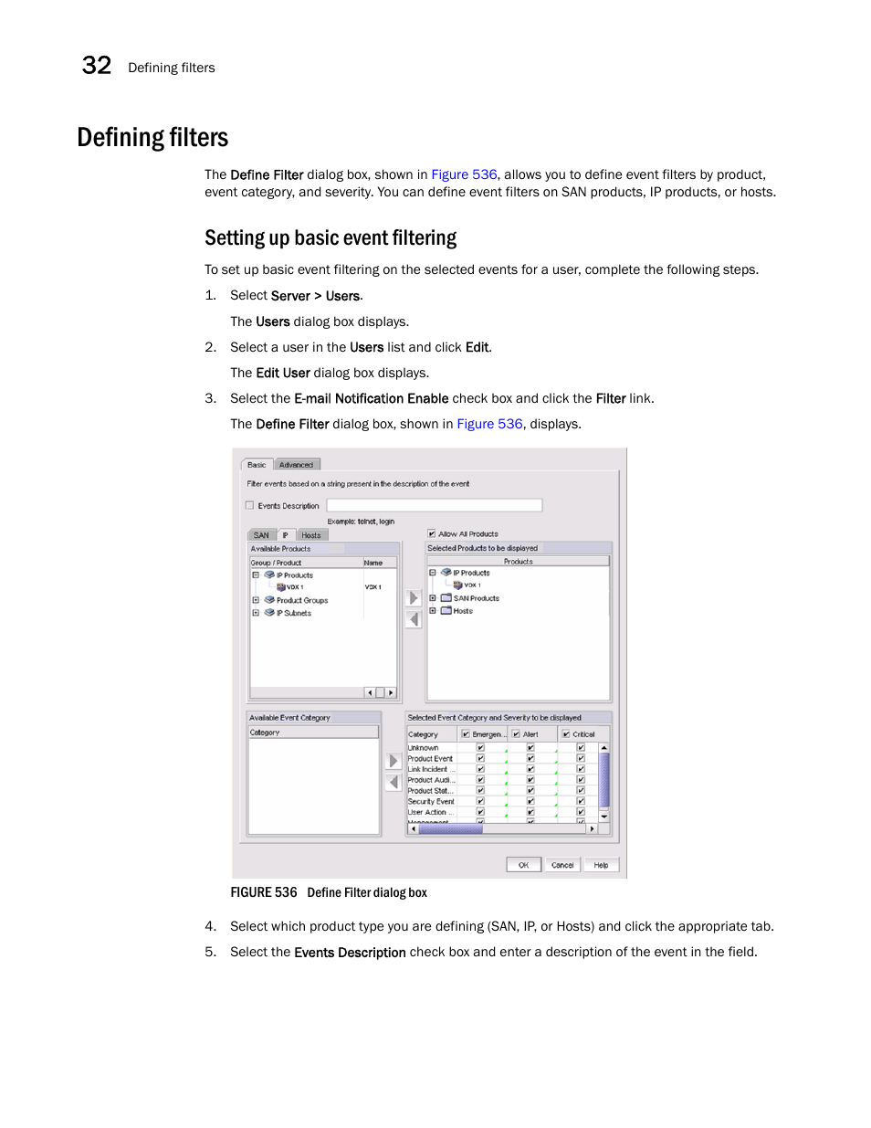 Defining filters, Setting up basic event filtering, Setting up basic event filtering 8 | Setting up basic, Event filtering, Defining filters 8 | Brocade Network Advisor SAN User Manual v12.3.0 User Manual | Page 1310 / 1940