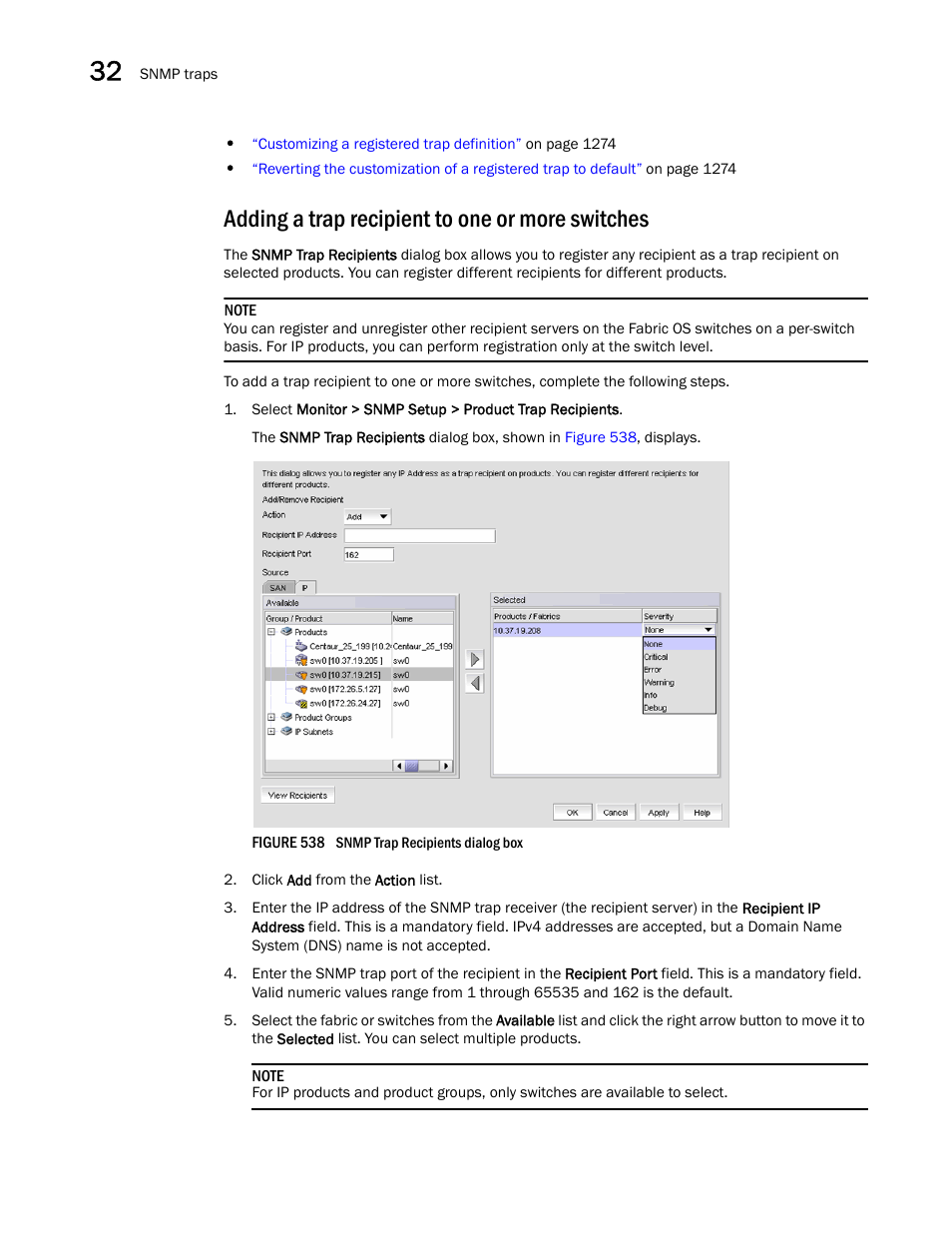 Adding a trap recipient to one or more switches | Brocade Network Advisor SAN User Manual v12.3.0 User Manual | Page 1314 / 1940