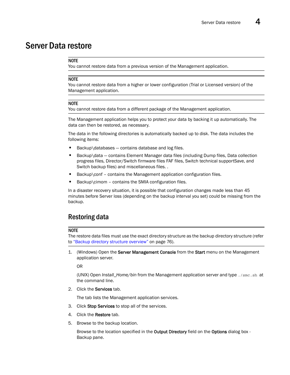 Server data restore, Restoring data | Brocade Network Advisor SAN User Manual v12.3.0 User Manual | Page 133 / 1940