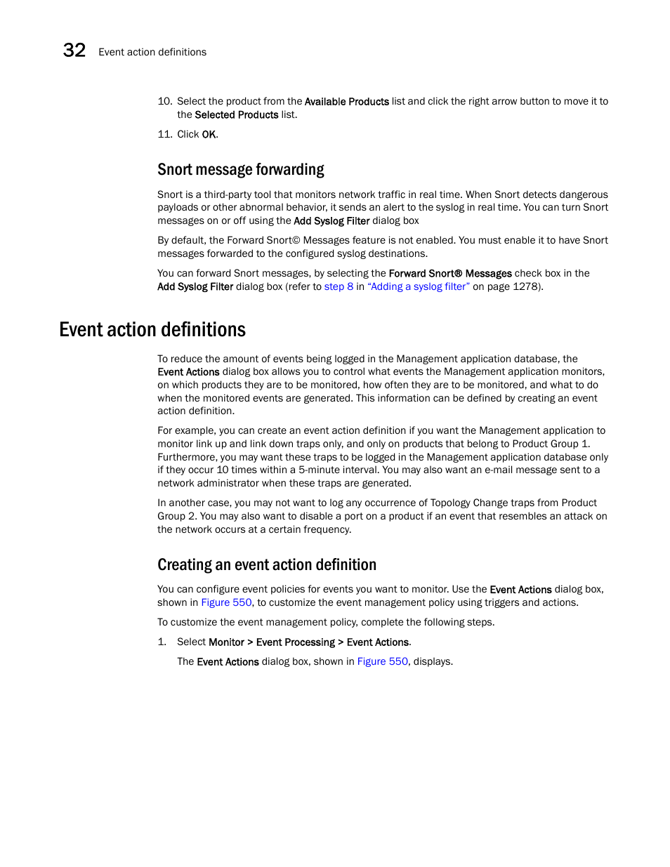 Snort message forwarding, Event action definitions, Creating an event action definition | Creating an, Event action definition, Event action definitions 0 | Brocade Network Advisor SAN User Manual v12.3.0 User Manual | Page 1332 / 1940