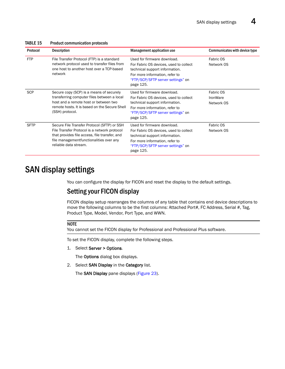 San display settings, Setting your ficon display | Brocade Network Advisor SAN User Manual v12.3.0 User Manual | Page 137 / 1940