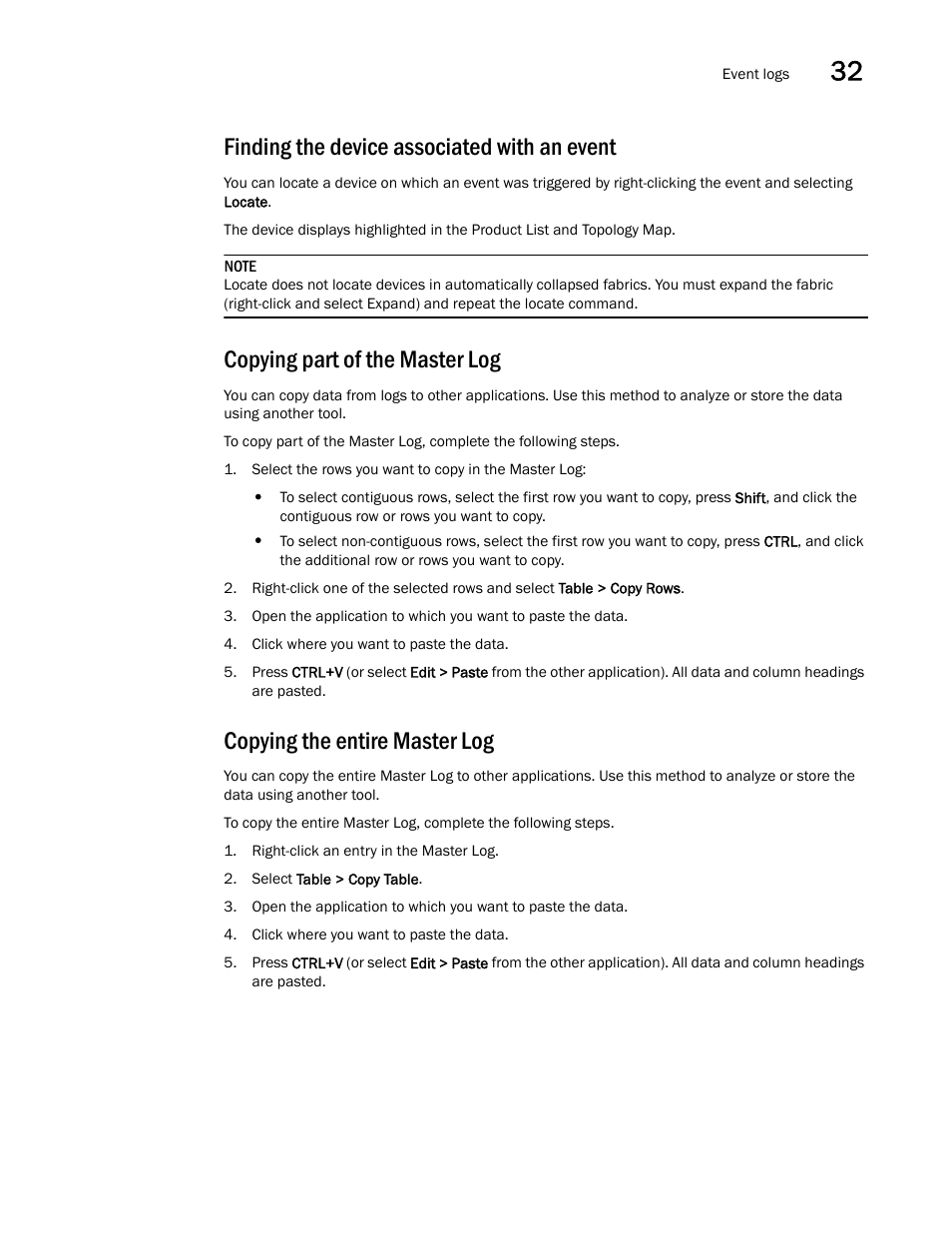 Finding the device associated with an event, Copying part of the master log, Copying the entire master log | Brocade Network Advisor SAN User Manual v12.3.0 User Manual | Page 1373 / 1940