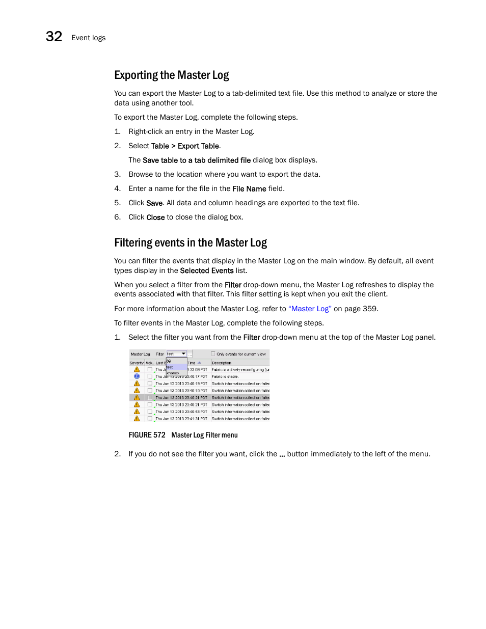 Exporting the master log, Filtering events in the master log | Brocade Network Advisor SAN User Manual v12.3.0 User Manual | Page 1374 / 1940