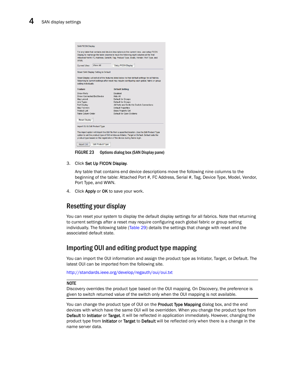 Resetting your display, Importing oui and editing product type mapping, Figure 23 | Brocade Network Advisor SAN User Manual v12.3.0 User Manual | Page 138 / 1940