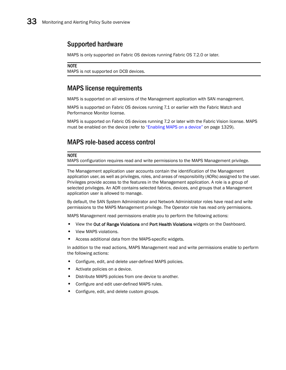 Maps role-based access control, Supported hardware, Maps license requirements | Brocade Network Advisor SAN User Manual v12.3.0 User Manual | Page 1380 / 1940