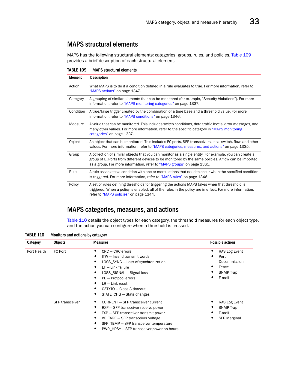 Maps categories, measures, and actions, Table 110, Maps structural elements | Brocade Network Advisor SAN User Manual v12.3.0 User Manual | Page 1387 / 1940