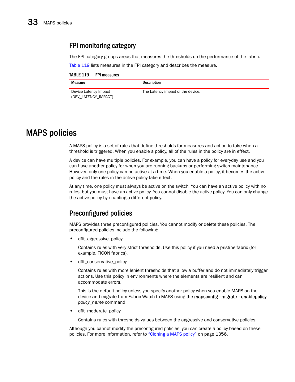 Fpi monitoring category, Maps policies, Maps policies 4 | Preconfigured policies | Brocade Network Advisor SAN User Manual v12.3.0 User Manual | Page 1396 / 1940