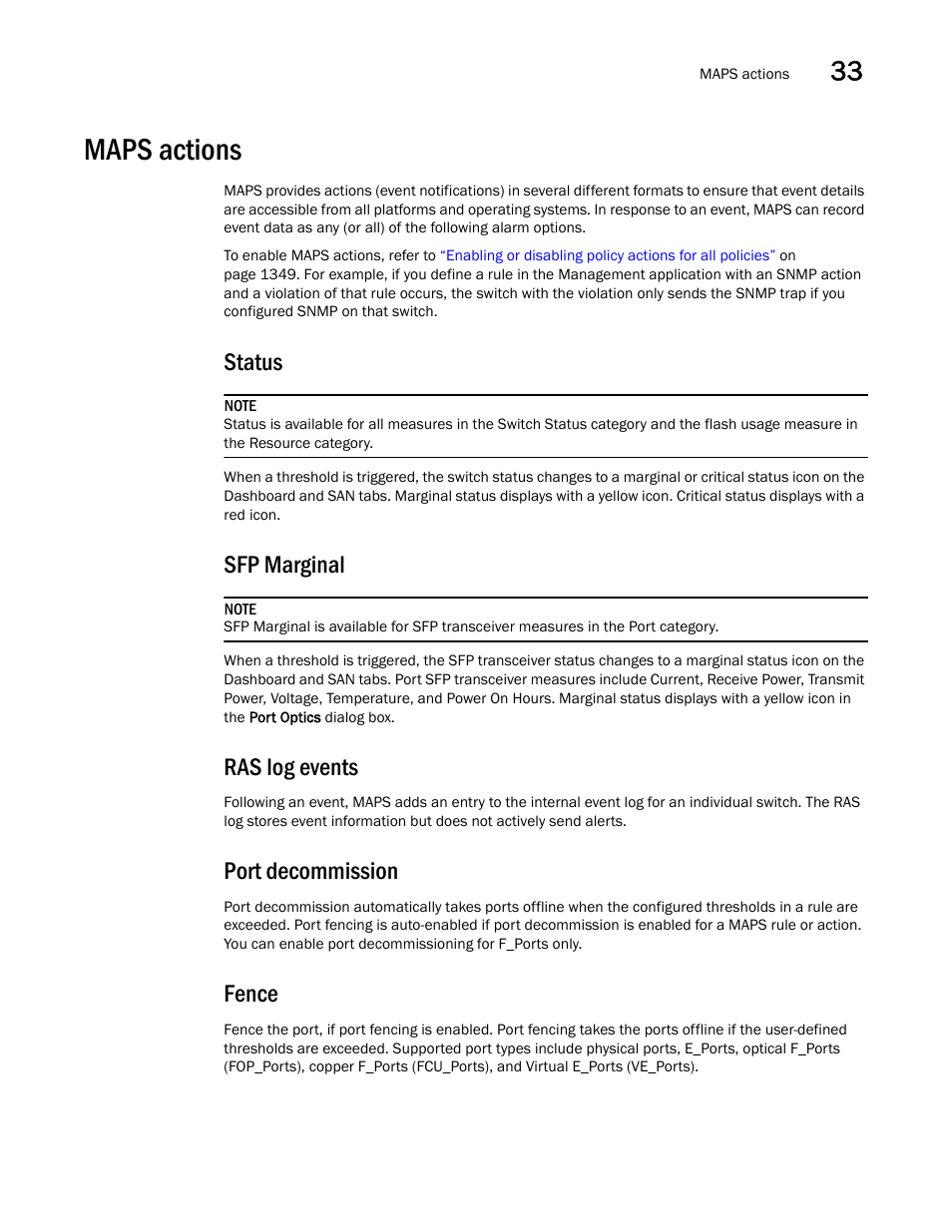 Maps actions, Fence, Maps actions 7 | Status, Sfp marginal, Ras log events, Port decommission | Brocade Network Advisor SAN User Manual v12.3.0 User Manual | Page 1399 / 1940