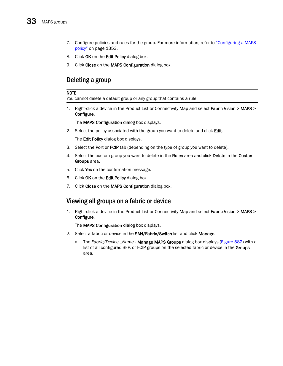 Deleting a group, Viewing all groups on a fabric or device | Brocade Network Advisor SAN User Manual v12.3.0 User Manual | Page 1422 / 1940