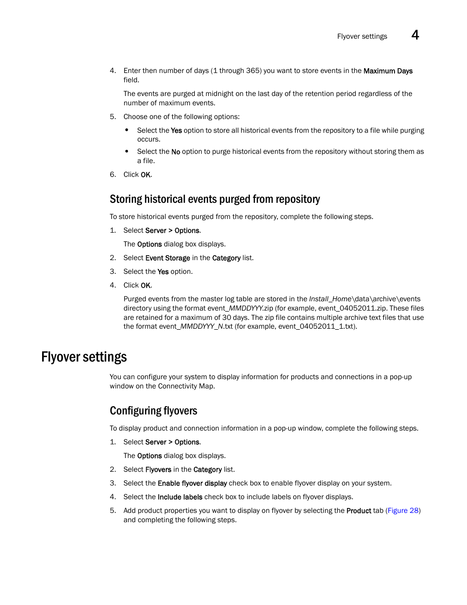 Storing historical events purged from repository, Flyover settings, Configuring flyovers | Brocade Network Advisor SAN User Manual v12.3.0 User Manual | Page 143 / 1940