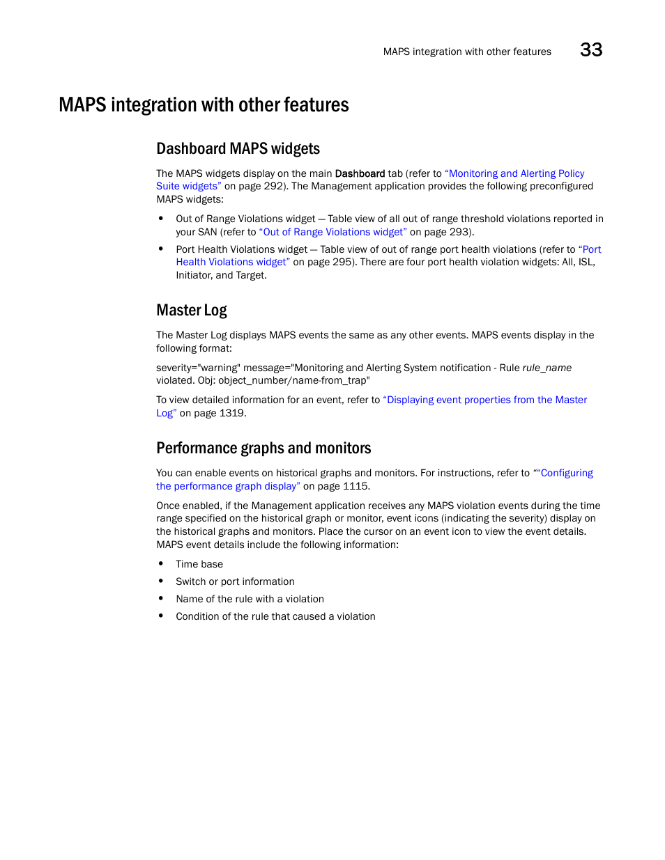 Maps integration with other features, Maps integration with other features 9, Dashboard maps widgets | Master log, Performance graphs and monitors | Brocade Network Advisor SAN User Manual v12.3.0 User Manual | Page 1431 / 1940