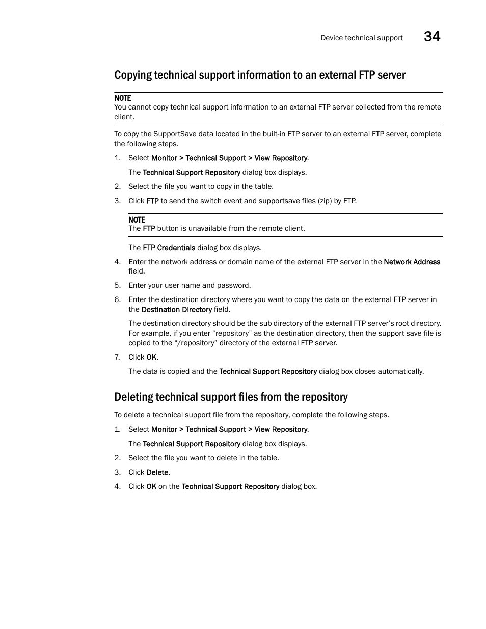 Ftp server, Deleting, Technical support files from the repository | Brocade Network Advisor SAN User Manual v12.3.0 User Manual | Page 1443 / 1940