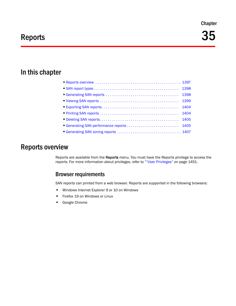 Reports, Reports overview, Browser requirements | Chapter 35, Browser requirements 7, Chapter 35, “reports | Brocade Network Advisor SAN User Manual v12.3.0 User Manual | Page 1449 / 1940