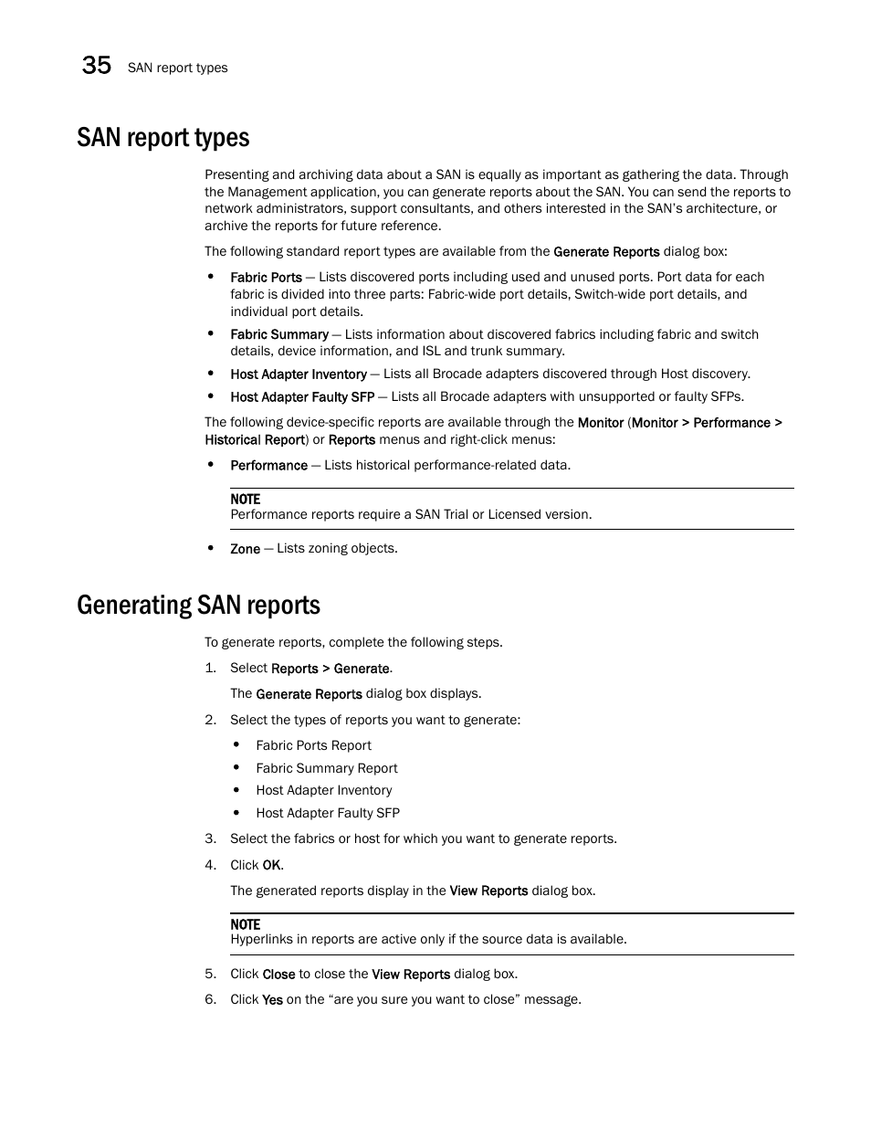 San report types, Generating san reports, San report types 8 | Generating san reports 8 | Brocade Network Advisor SAN User Manual v12.3.0 User Manual | Page 1450 / 1940