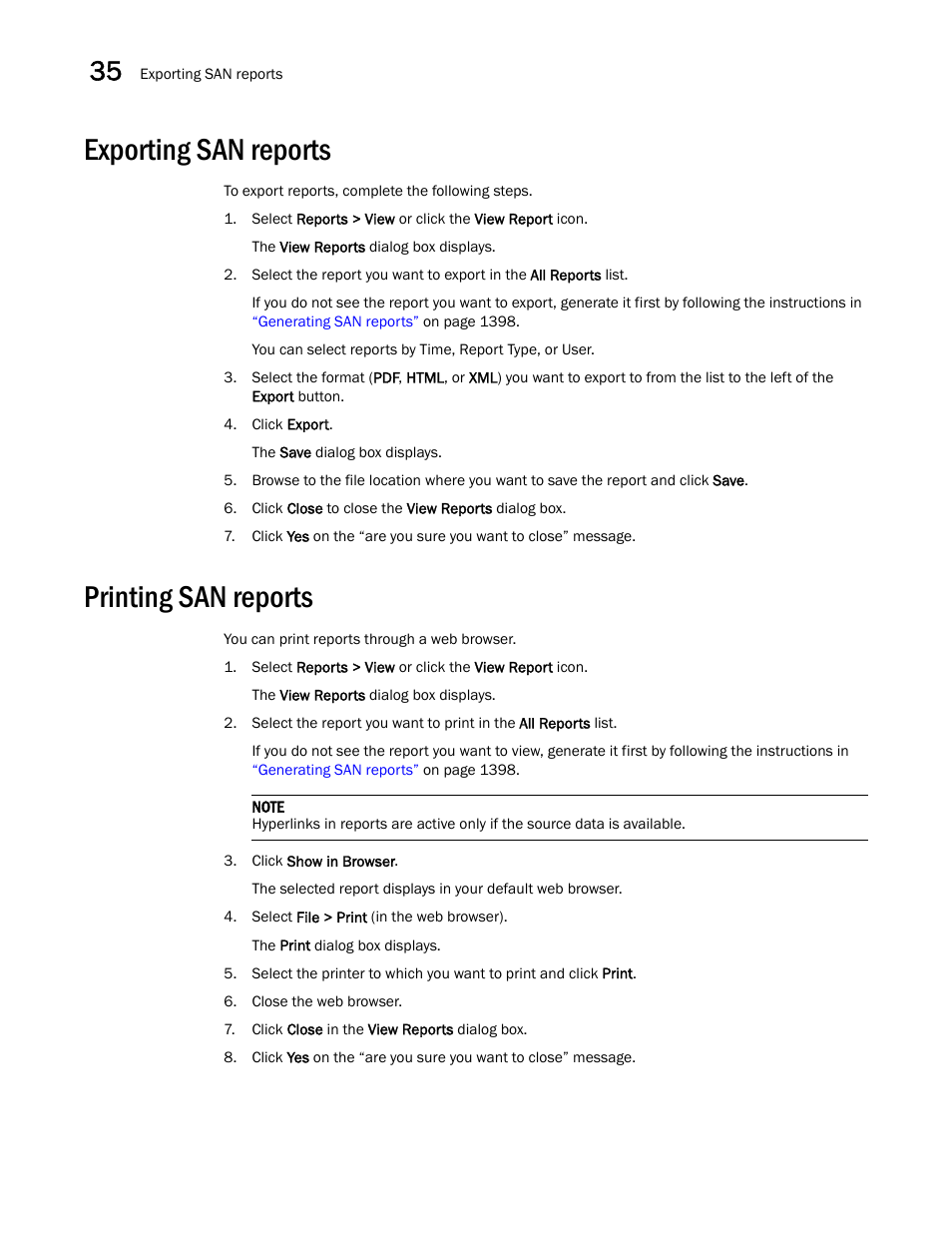 Exporting san reports, Printing san reports, Exporting san reports 4 | Printing san reports 4 | Brocade Network Advisor SAN User Manual v12.3.0 User Manual | Page 1456 / 1940