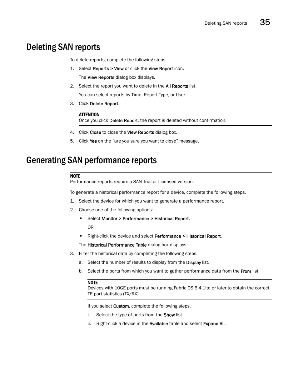 Deleting san reports, Generating san performance reports, Generating san | Performance reports, Deleting san reports 5, Generating san performance reports 5 | Brocade Network Advisor SAN User Manual v12.3.0 User Manual | Page 1457 / 1940