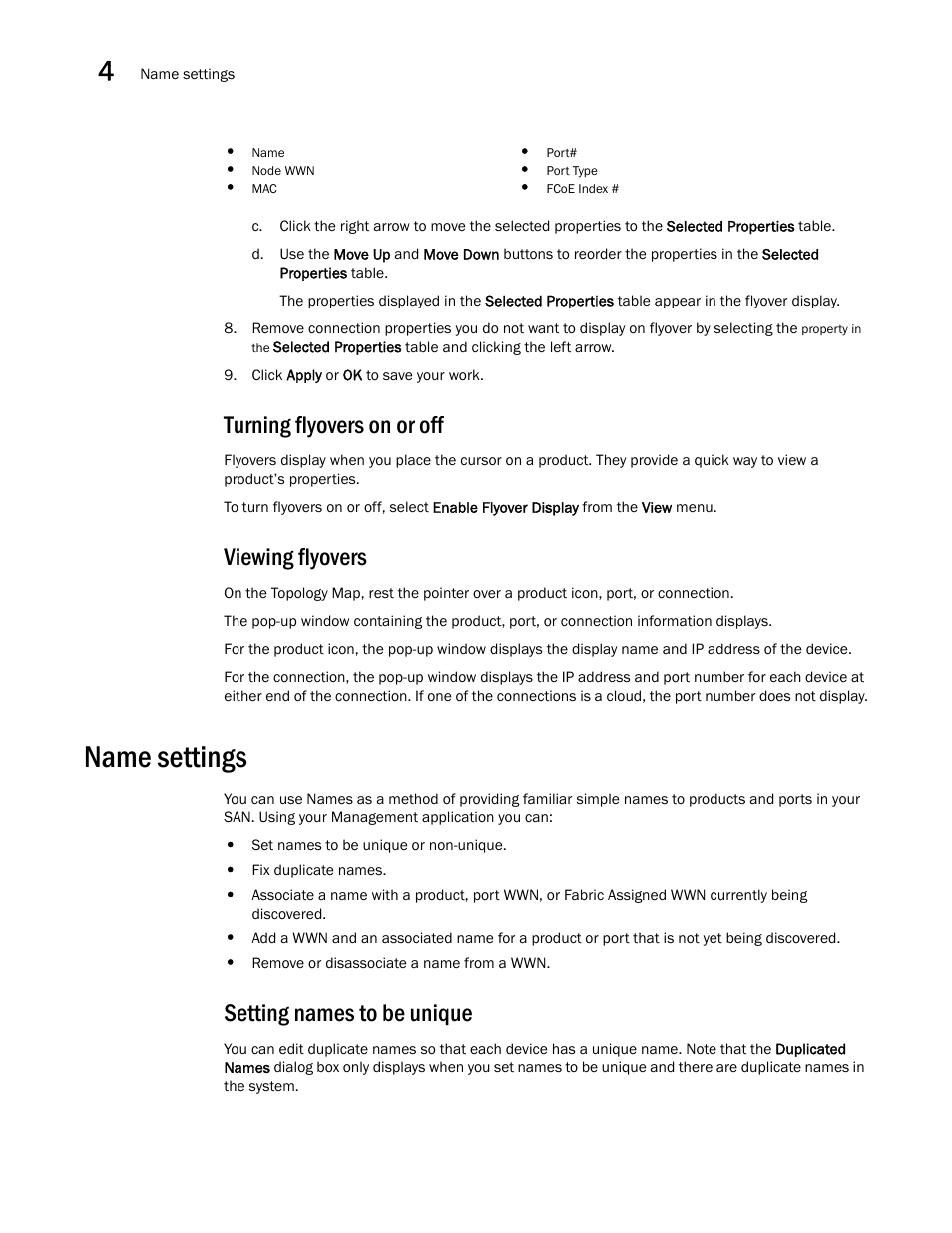 Turning flyovers on or off, Viewing flyovers, Name settings | Setting names to be unique | Brocade Network Advisor SAN User Manual v12.3.0 User Manual | Page 146 / 1940