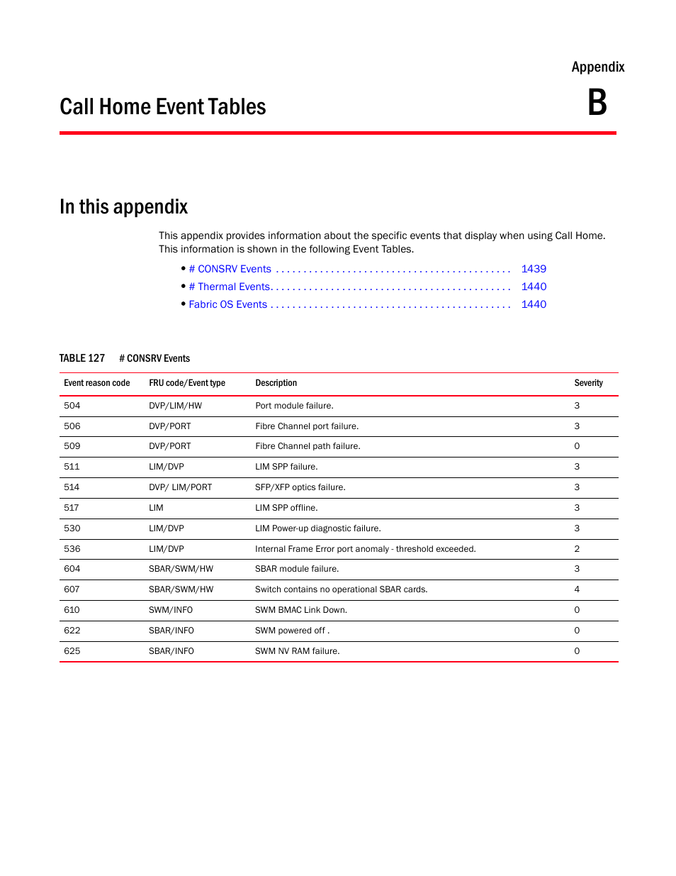 Call home event tables, Appendix b, Appendix b, “call home event tables | Appendix | Brocade Network Advisor SAN User Manual v12.3.0 User Manual | Page 1491 / 1940