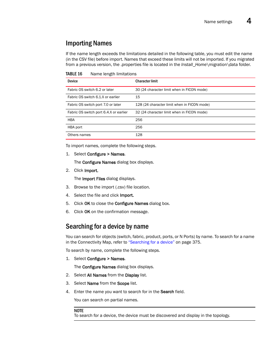 Importing names, Searching for a device by name, Importing | Names | Brocade Network Advisor SAN User Manual v12.3.0 User Manual | Page 153 / 1940