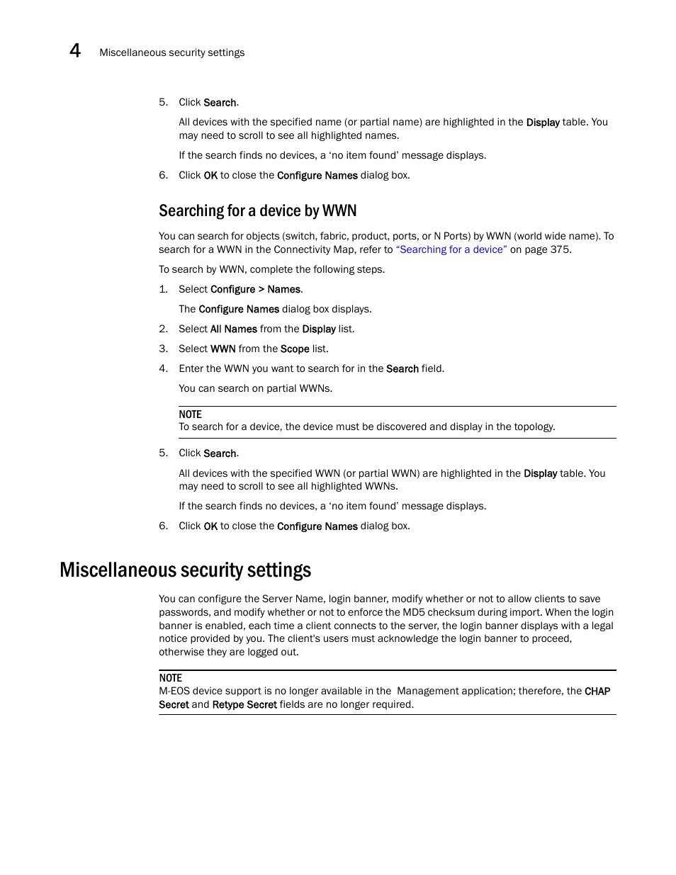 Searching for a device by wwn, Miscellaneous security settings | Brocade Network Advisor SAN User Manual v12.3.0 User Manual | Page 154 / 1940