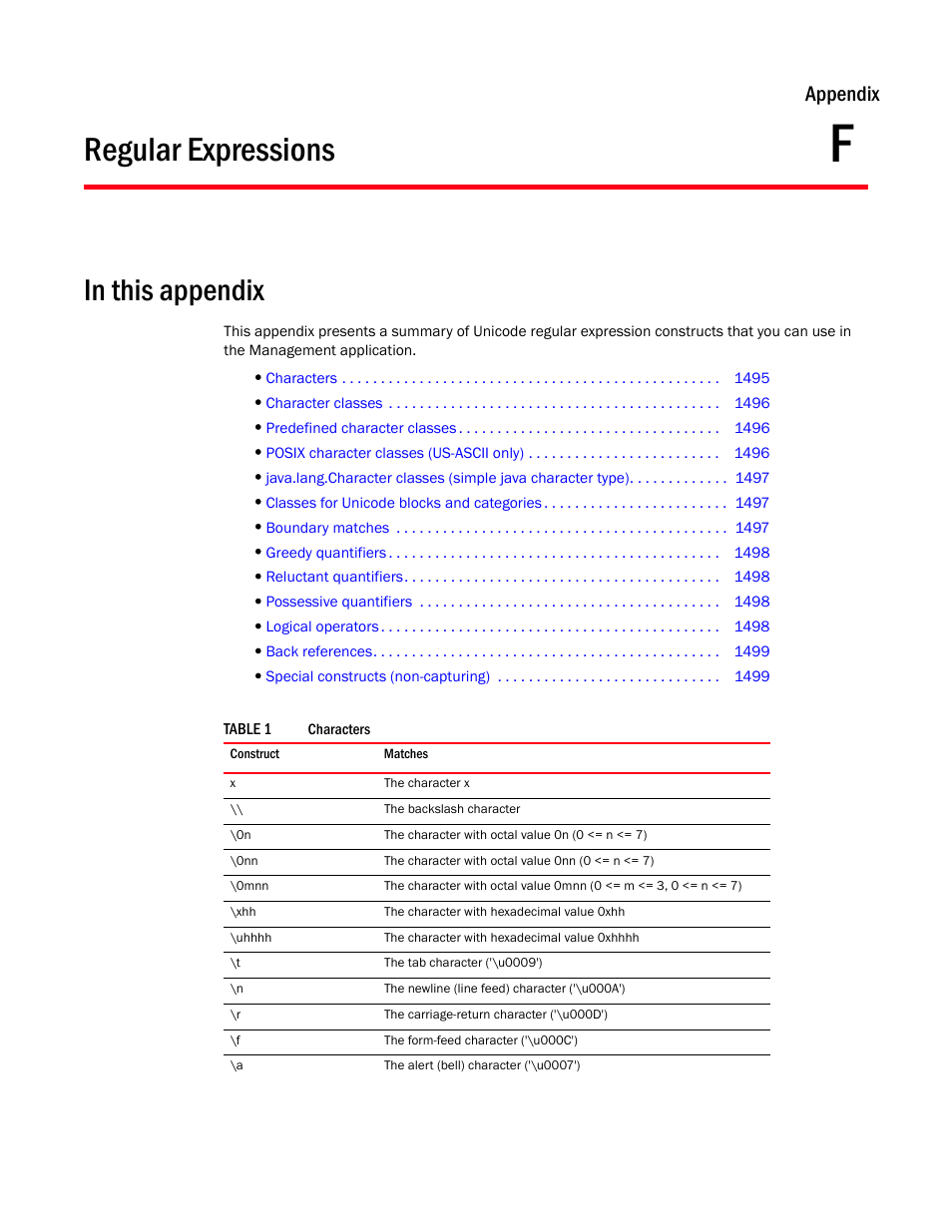 Regular expressions, Appendix f, Appendix f, “regular expressions | Appendix | Brocade Network Advisor SAN User Manual v12.3.0 User Manual | Page 1547 / 1940