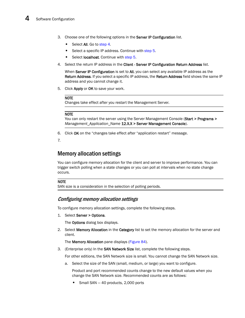 Memory allocation settings, Configuring memory allocation settings, Memory allocation | Settings | Brocade Network Advisor SAN User Manual v12.3.0 User Manual | Page 172 / 1940