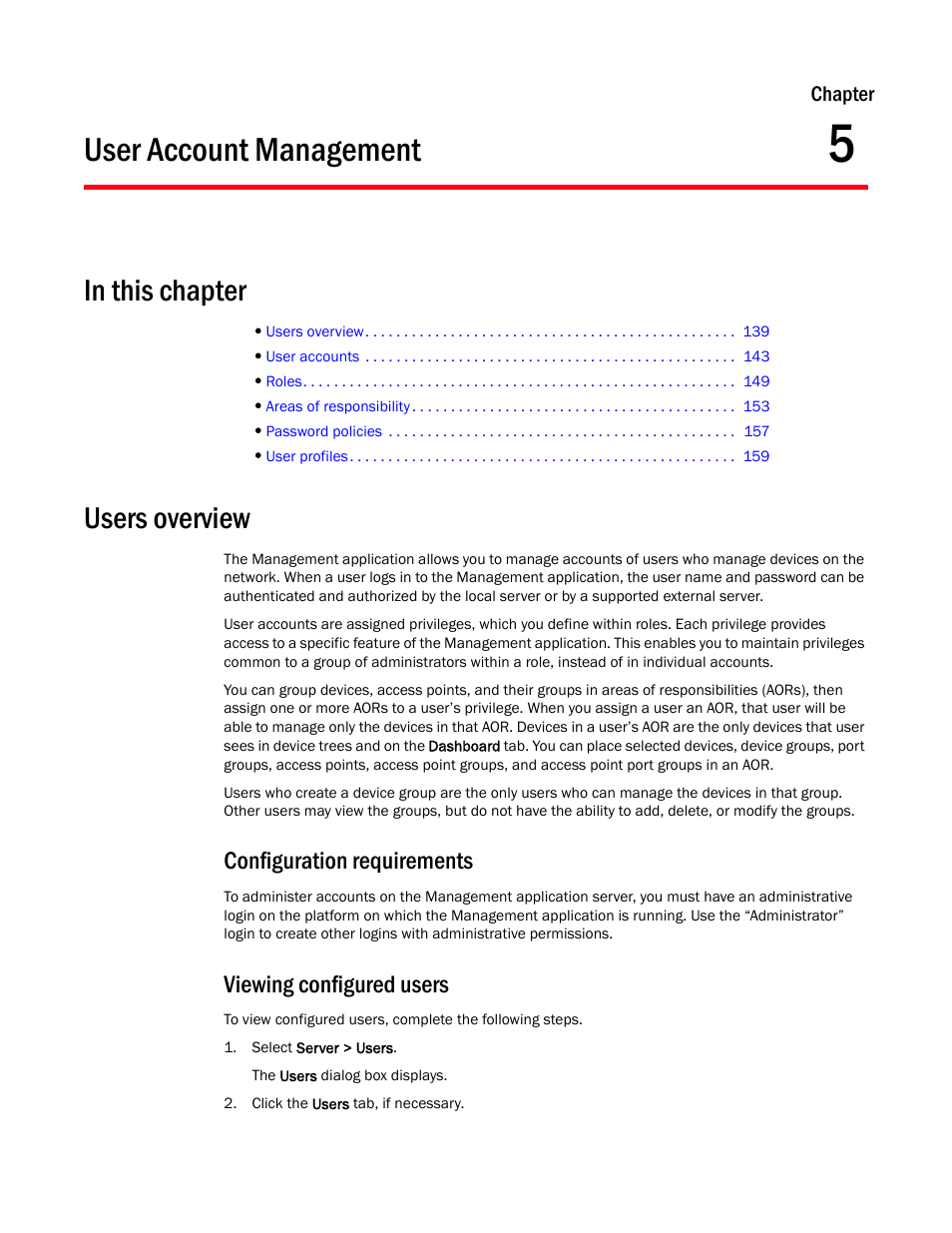 User account management, Users overview, Configuration requirements | Viewing configured users, Chapter 5, Chapter 5, “user account management | Brocade Network Advisor SAN User Manual v12.3.0 User Manual | Page 191 / 1940