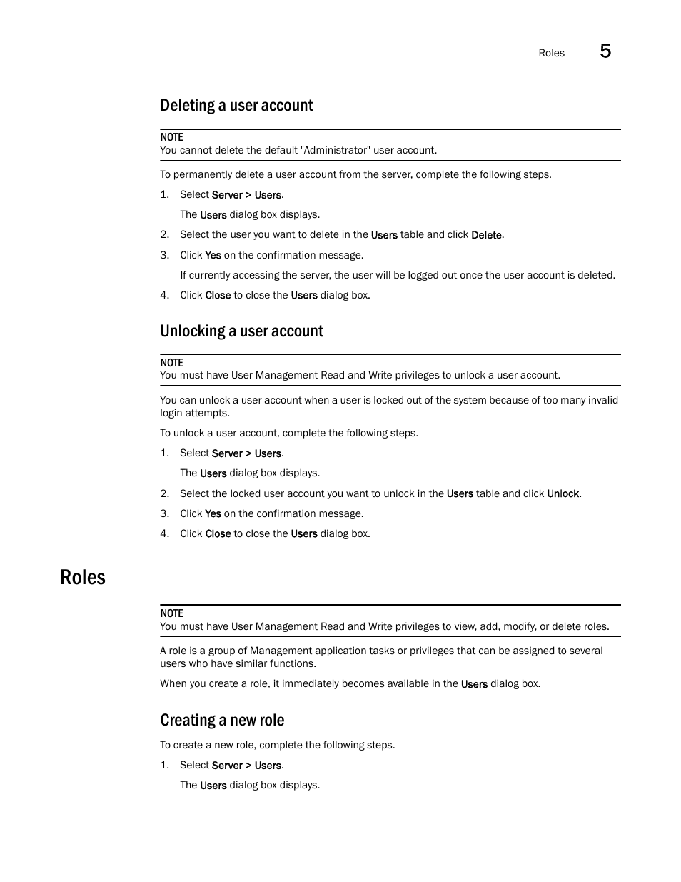 Deleting a user account, Unlocking a user account, Roles | Creating a new role, Unlocking a user, Account | Brocade Network Advisor SAN User Manual v12.3.0 User Manual | Page 201 / 1940