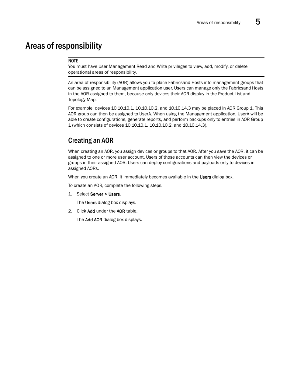 Areas of responsibility, Creating an aor | Brocade Network Advisor SAN User Manual v12.3.0 User Manual | Page 205 / 1940