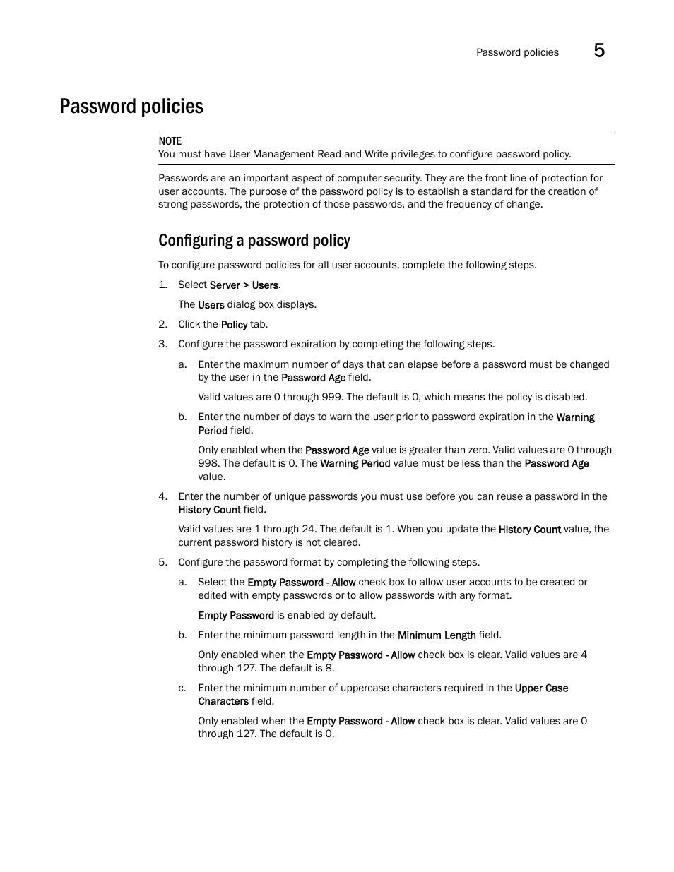 Password policies, Configuring a password policy | Brocade Network Advisor SAN User Manual v12.3.0 User Manual | Page 209 / 1940