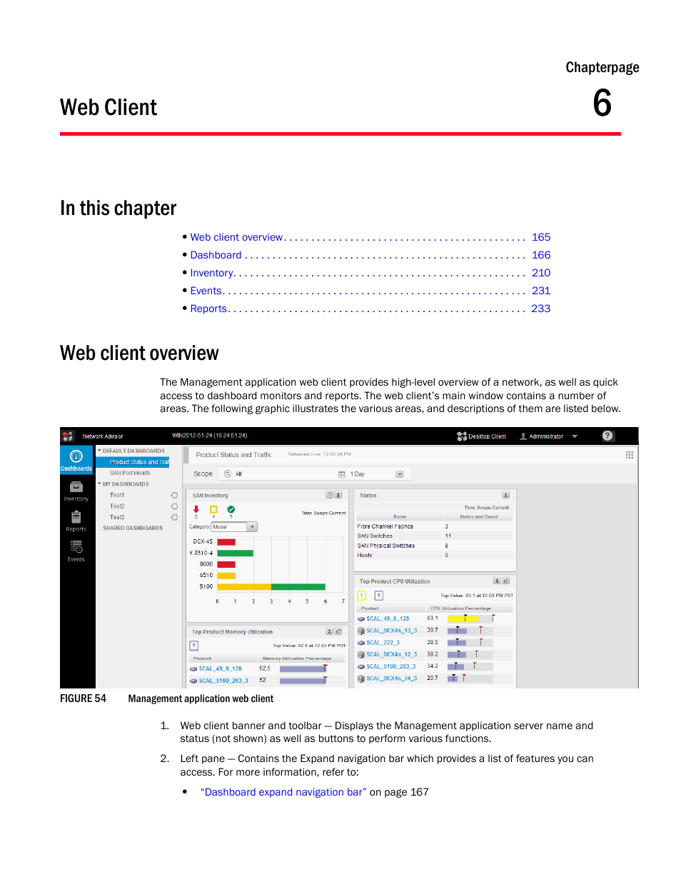 Web client, Web client overview, Chapter 6 | Chapter 6, “web client | Brocade Network Advisor SAN User Manual v12.3.0 User Manual | Page 217 / 1940