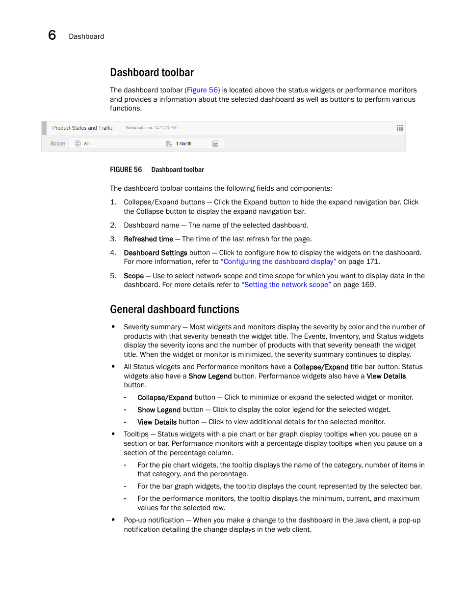 Dashboard toolbar, General dashboard functions | Brocade Network Advisor SAN User Manual v12.3.0 User Manual | Page 220 / 1940