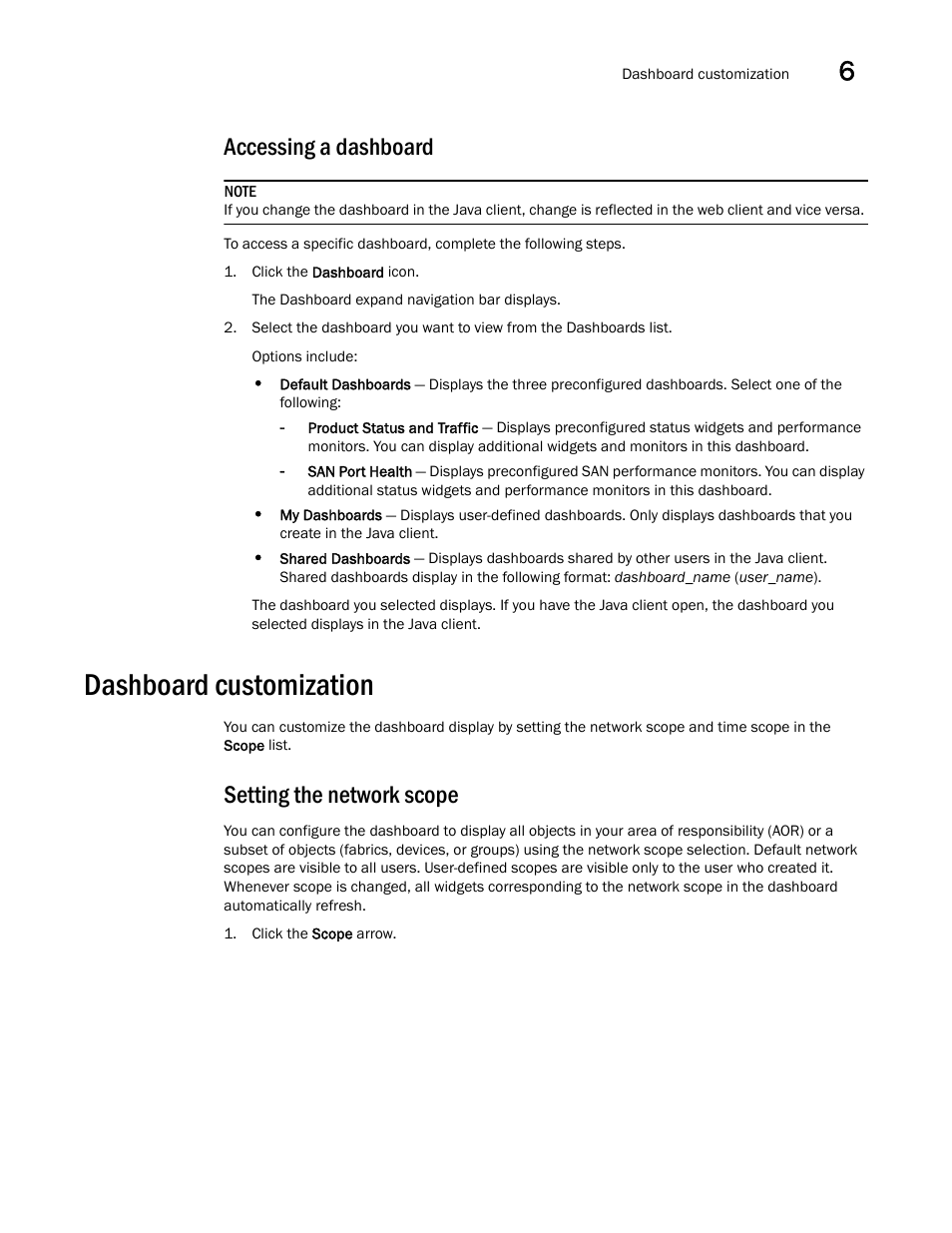 Accessing a dashboard, Dashboard customization, Setting the network scope | Brocade Network Advisor SAN User Manual v12.3.0 User Manual | Page 221 / 1940