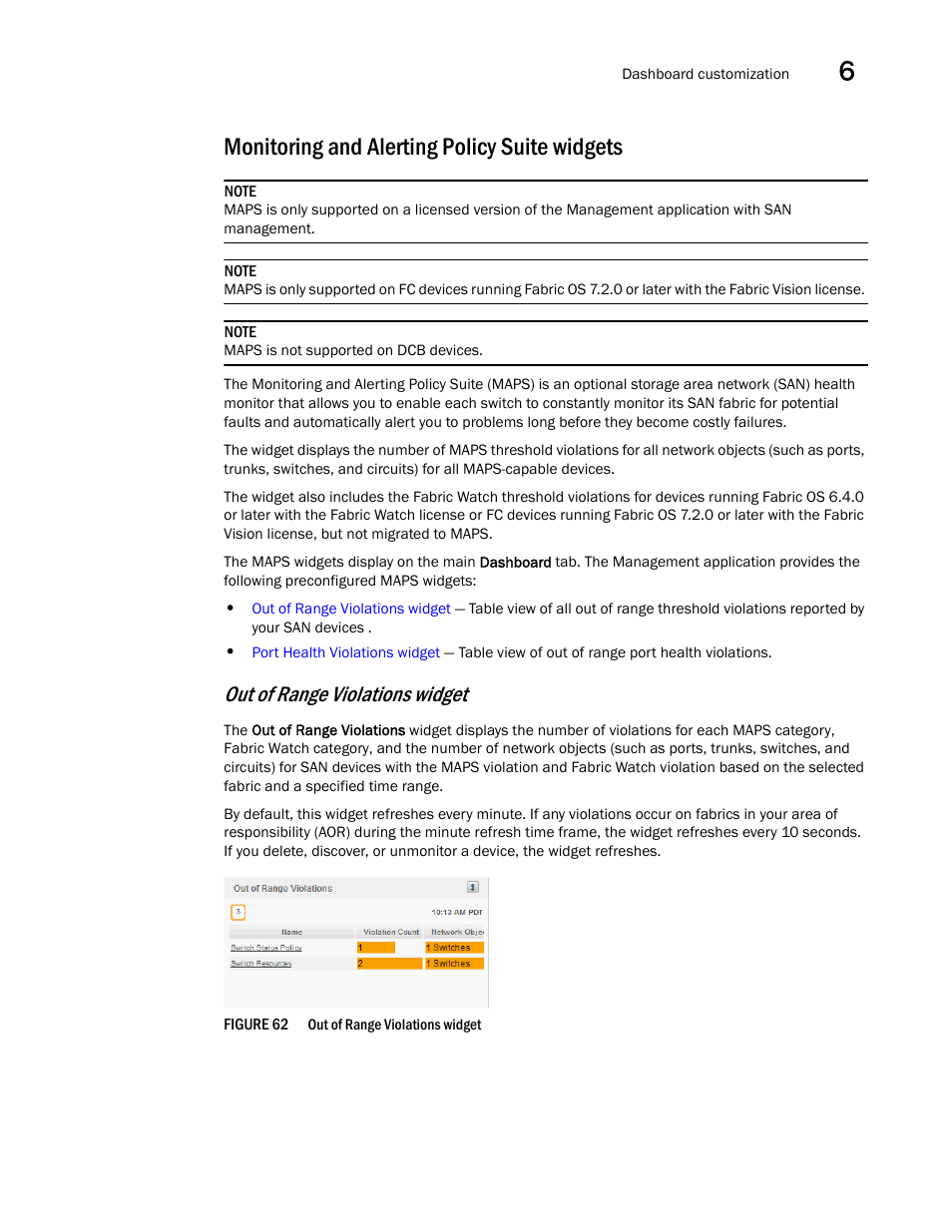 Monitoring and alerting policy suite widgets, Out of range violations widget | Brocade Network Advisor SAN User Manual v12.3.0 User Manual | Page 233 / 1940