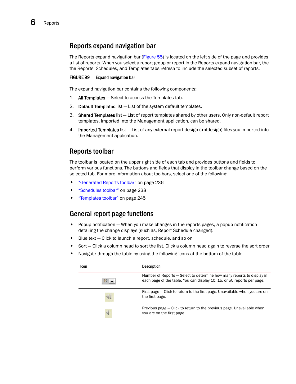 Reports expand navigation bar, Reports toolbar, General report page functions | Brocade Network Advisor SAN User Manual v12.3.0 User Manual | Page 286 / 1940