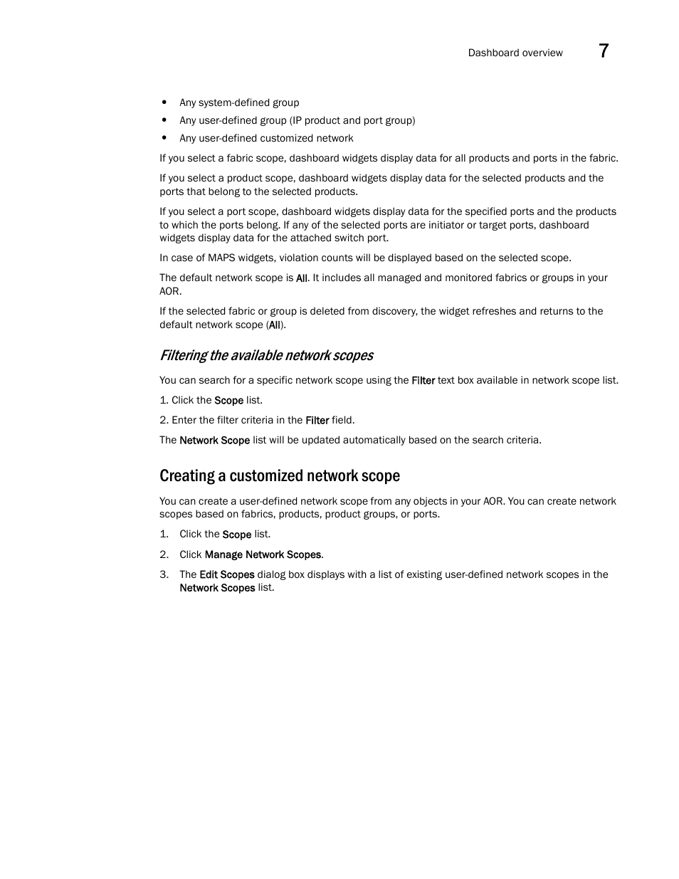 Creating a customized network scope, Filtering the available network scopes | Brocade Network Advisor SAN User Manual v12.3.0 User Manual | Page 327 / 1940