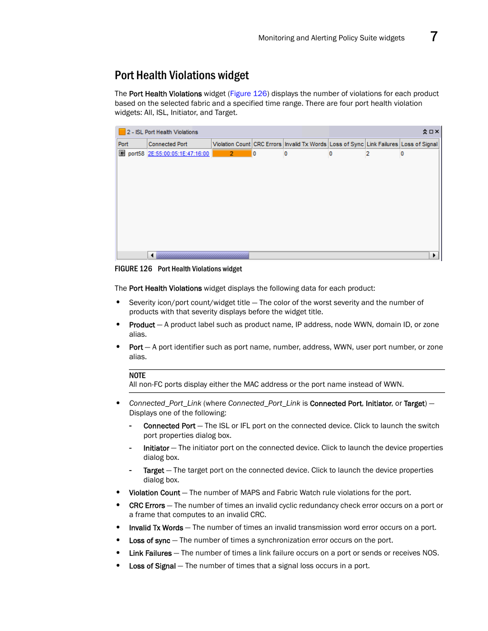 Port health violations widget, Port health, Violations widget | Brocade Network Advisor SAN User Manual v12.3.0 User Manual | Page 347 / 1940