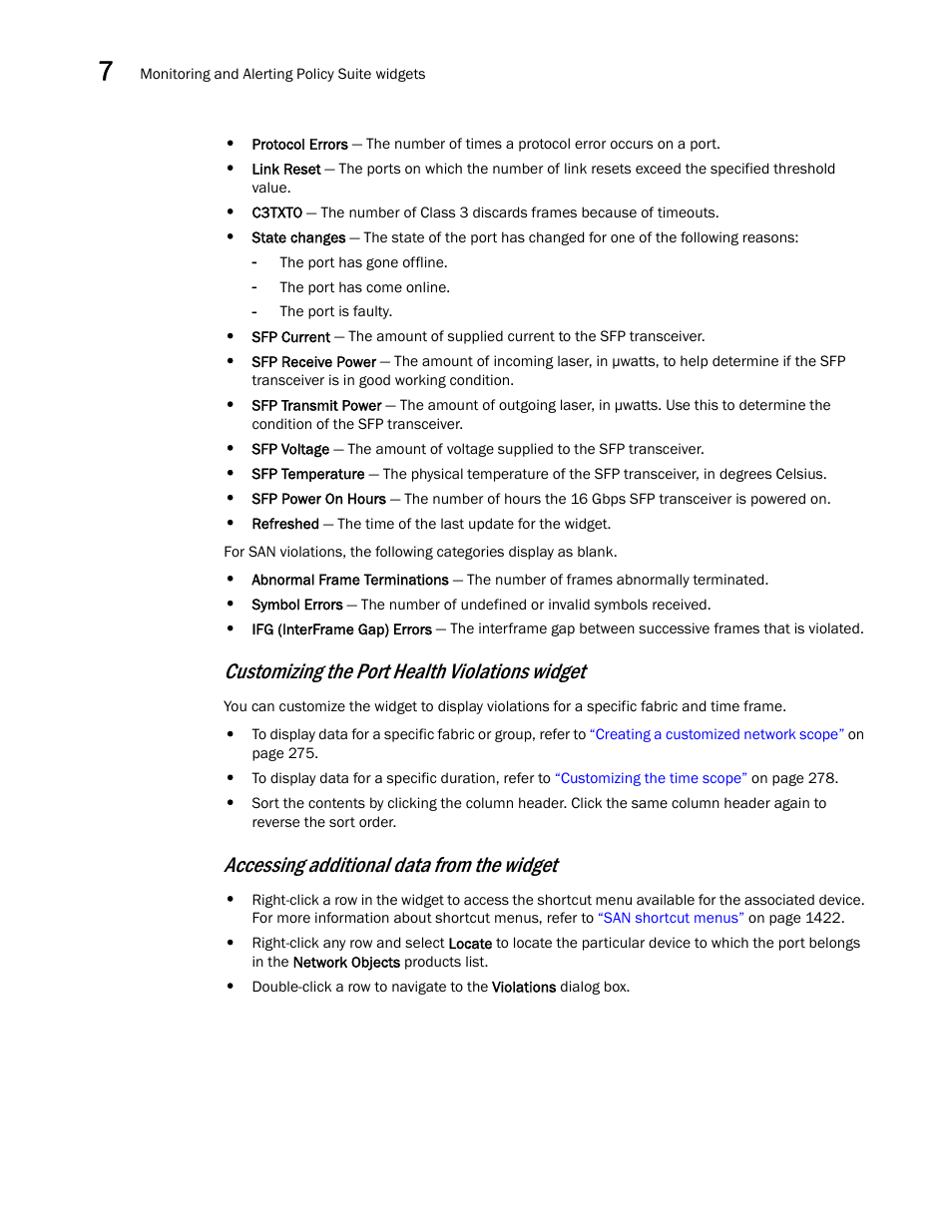 Customizing the port health violations widget, Accessing additional data from the widget | Brocade Network Advisor SAN User Manual v12.3.0 User Manual | Page 348 / 1940