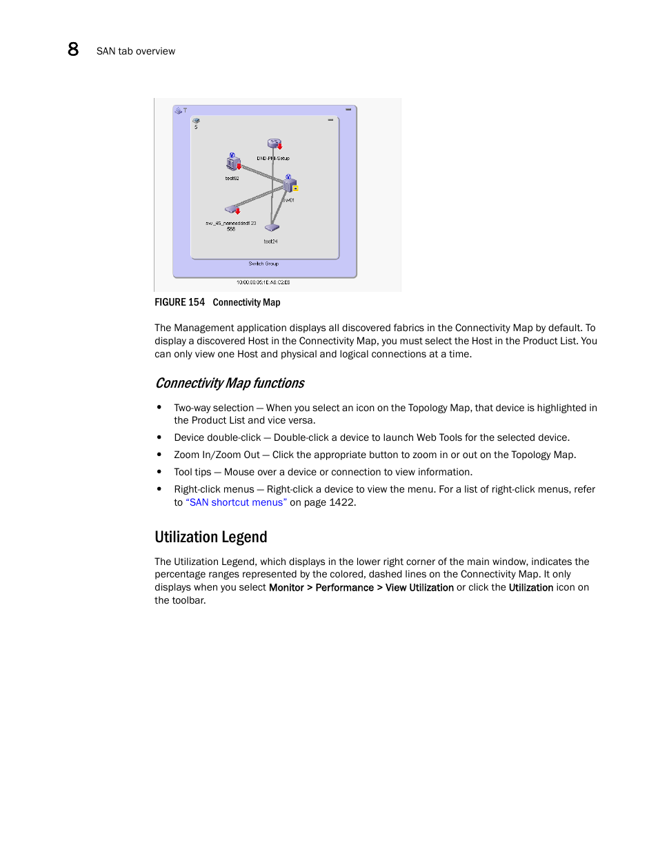 Connectivity map functions, Utilization legend | Brocade Network Advisor SAN User Manual v12.3.0 User Manual | Page 410 / 1940