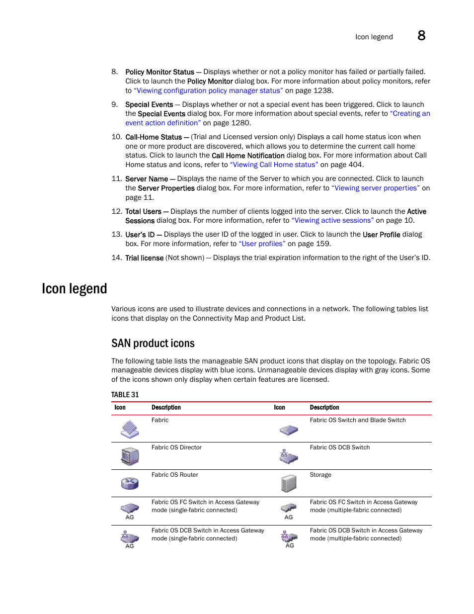 Icon legend, San product icons | Brocade Network Advisor SAN User Manual v12.3.0 User Manual | Page 415 / 1940