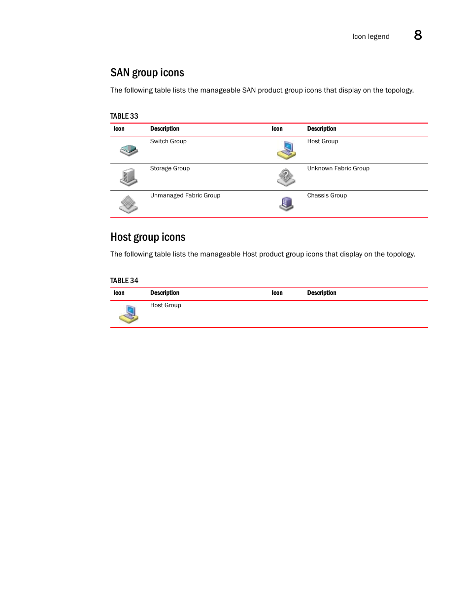 San group icons, Host group icons | Brocade Network Advisor SAN User Manual v12.3.0 User Manual | Page 417 / 1940