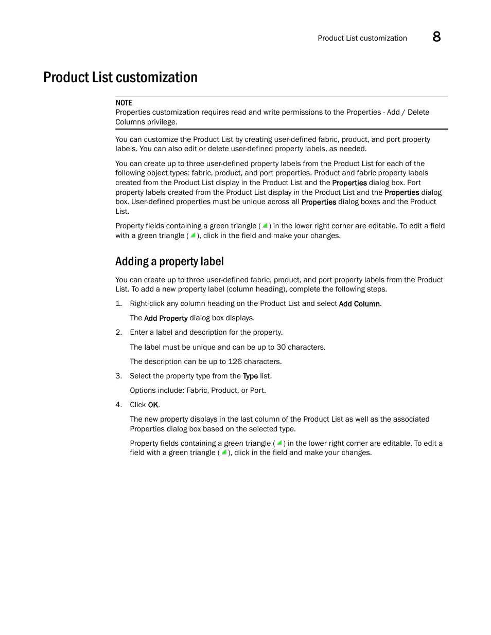 Product list customization, Adding a property label, Product list | Customization | Brocade Network Advisor SAN User Manual v12.3.0 User Manual | Page 425 / 1940