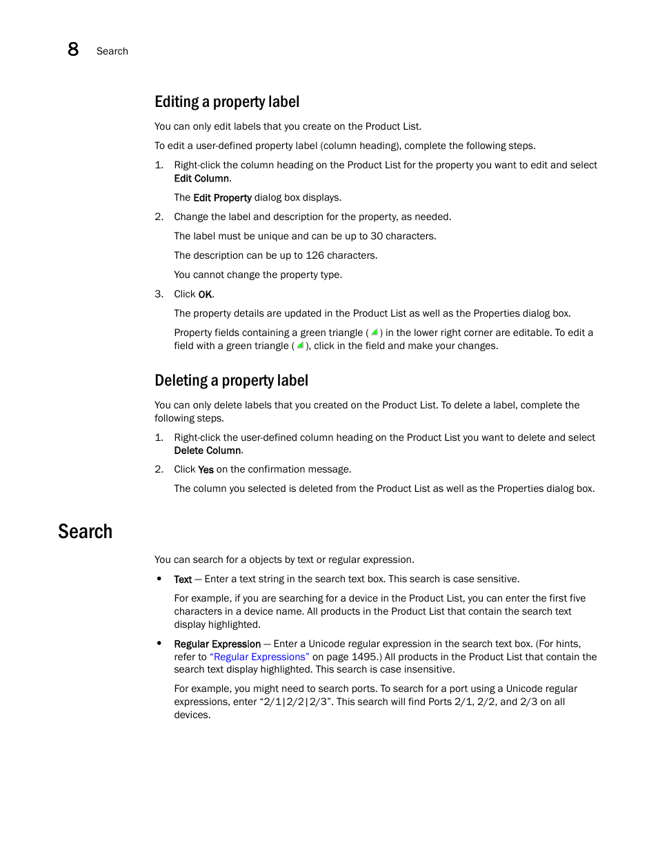 Editing a property label, Deleting a property label, Search | Editing a property label deleting a property label | Brocade Network Advisor SAN User Manual v12.3.0 User Manual | Page 426 / 1940