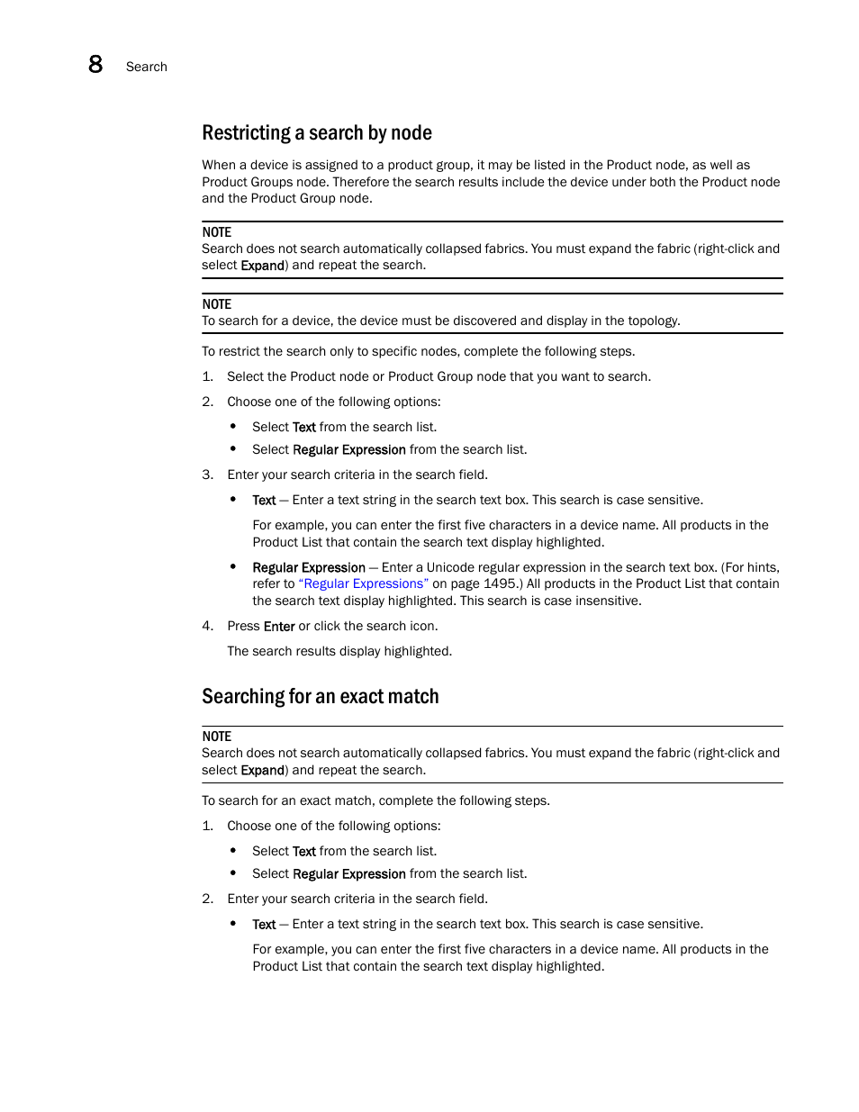 Restricting a search by node, Searching for an exact match | Brocade Network Advisor SAN User Manual v12.3.0 User Manual | Page 428 / 1940