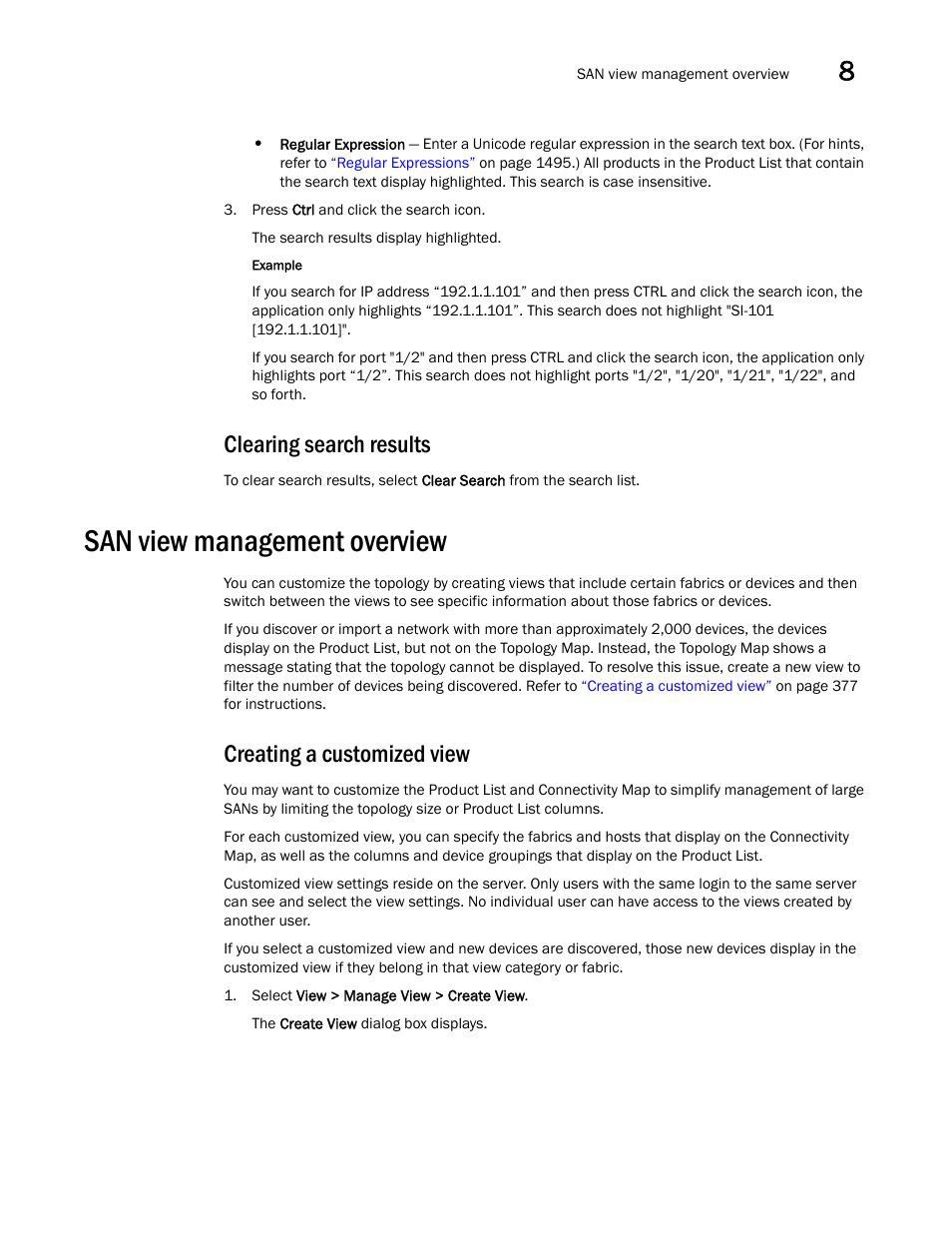 Clearing search results, San view management overview, Creating a customized view | Brocade Network Advisor SAN User Manual v12.3.0 User Manual | Page 429 / 1940