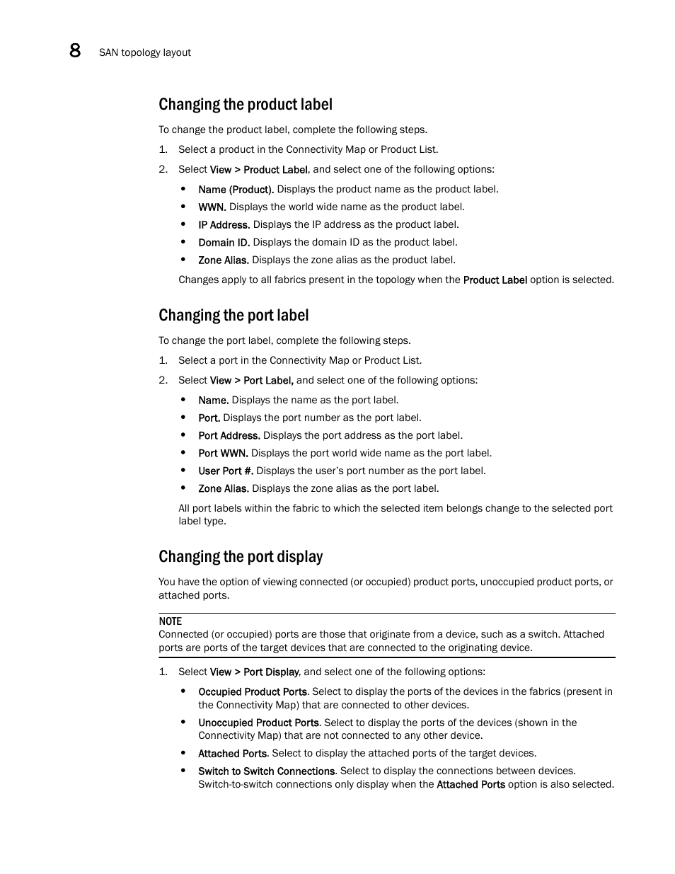 Changing the product label, Changing the port label, Changing the port display | Brocade Network Advisor SAN User Manual v12.3.0 User Manual | Page 438 / 1940