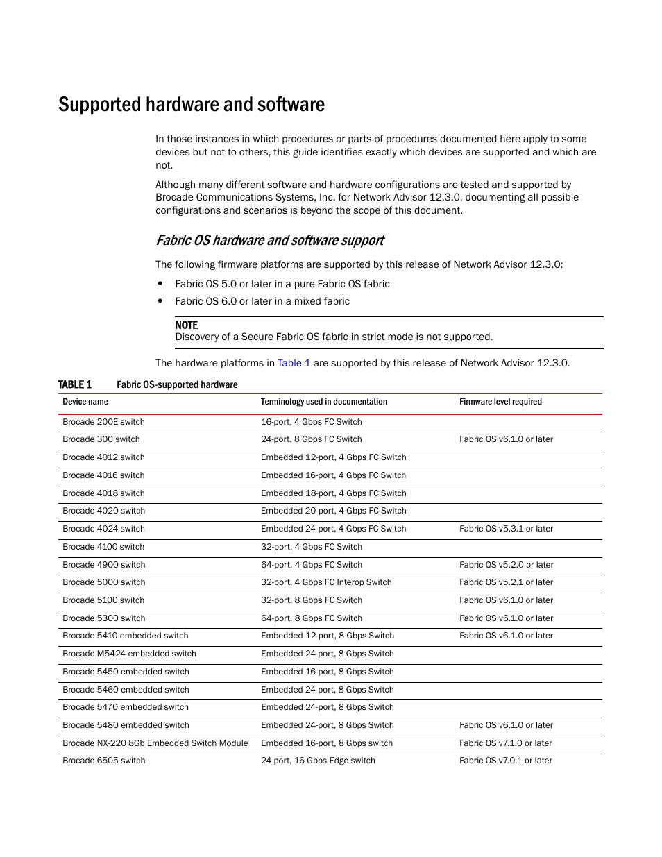 Supported hardware and software, Fabric os hardware and software support | Brocade Network Advisor SAN User Manual v12.3.0 User Manual | Page 45 / 1940